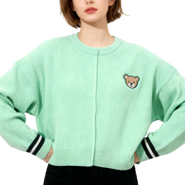 Mint Green Ribbed Cardigan with Teddy Bear Embroidery