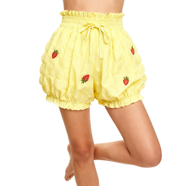 Yellow Strawberry-Embroidered Ruffled Shorts