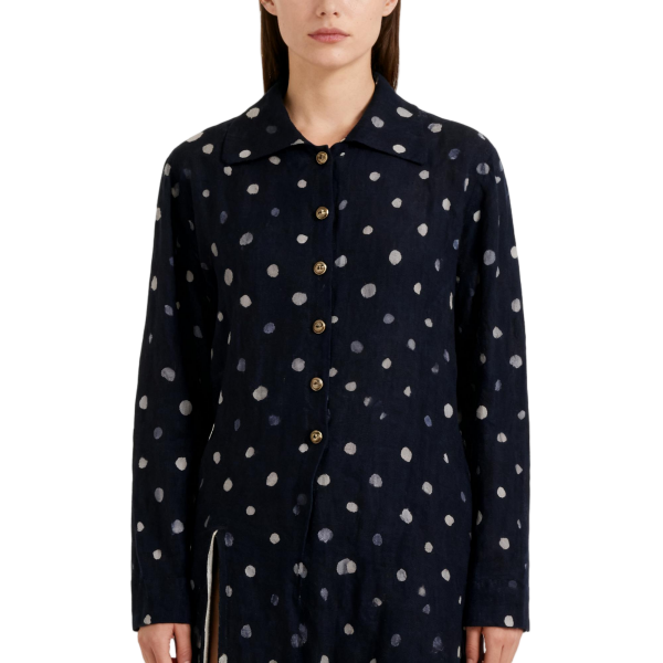 Navy Polka Dot Button-Front Shirt Dress