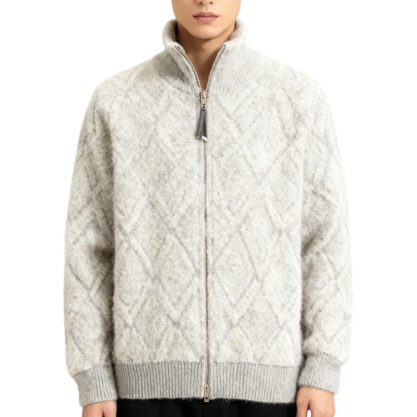 Light Gray Diamond Knit Zip-Up Sweater Jacket