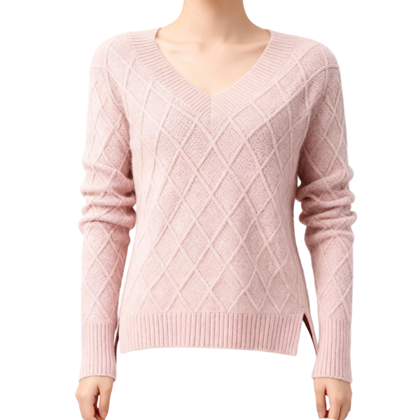 Blush Pink Diamond-Knit V-Neck Sweater