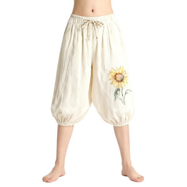 Cream Sunflower-Print Bubble Capri Pants