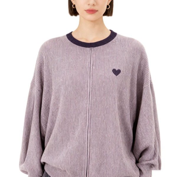 Lavender Ribbed Sweater with Heart Embroidery