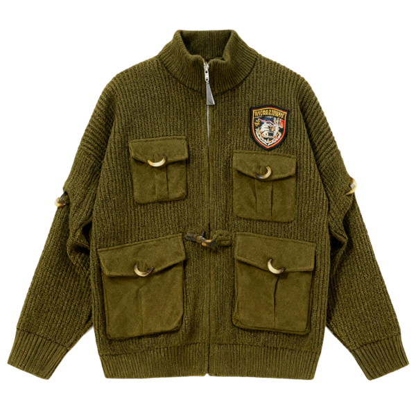 Olive Green Ribbed Jacket with Patch Pockets