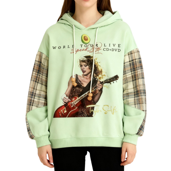 Light Green Plaid-Sleeve Taylor Swift Tour Hoodie