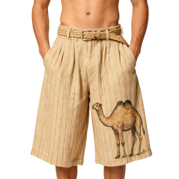 Beige Striped Camel-Print Wide-Leg Shorts