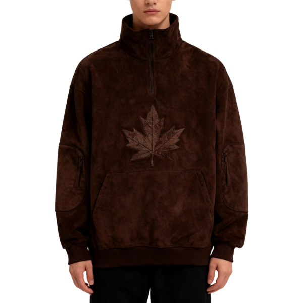 Brown Suede Maple Leaf Half-Zip Sweatshirt