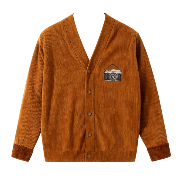 Tan Corduroy Cardigan with Camera Embroidery