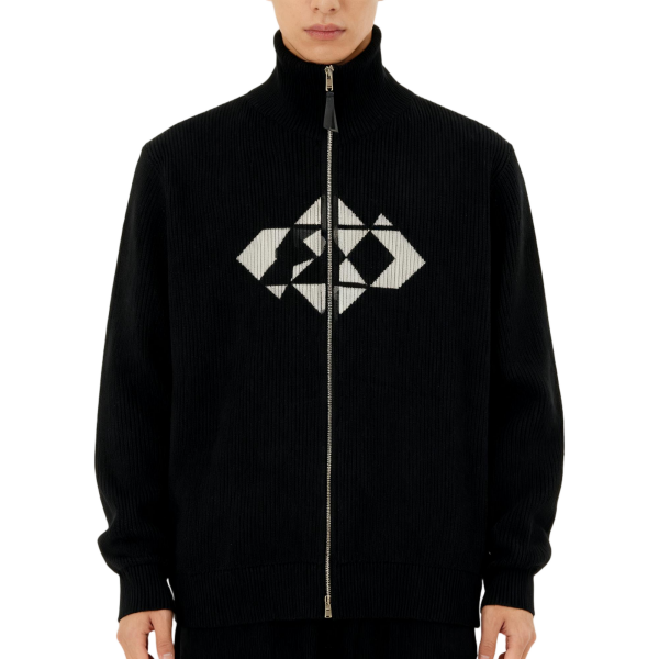 Black Ribbed Zip-Up Jacket with Geometric Pattern