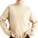 Beige Turtleneck Daisy-Embroidered Ruffle-Cuff Sweater