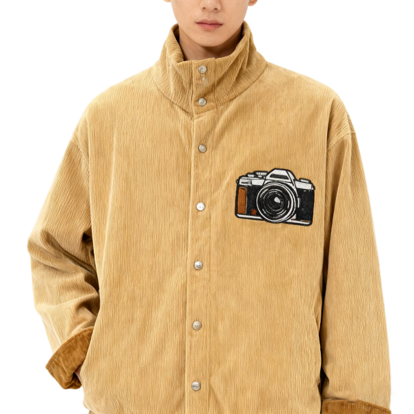 Camel Corduroy Shirt Jacket with Camera Embroidery