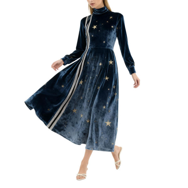 Navy Velvet Star-Print Turtleneck Dress