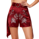 Burgundy Satin Floral-Embroidered Asymmetrical Shorts