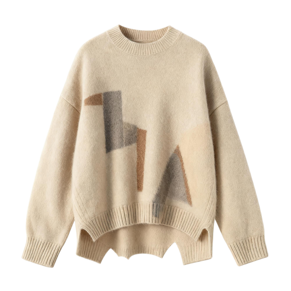 Beige Geometric-Print Split-Hem Sweater