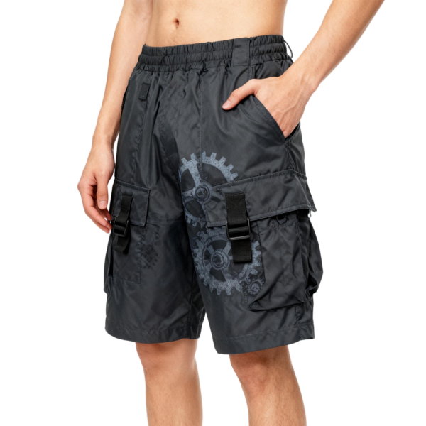 Black Steampunk Gear-Print Cargo Shorts