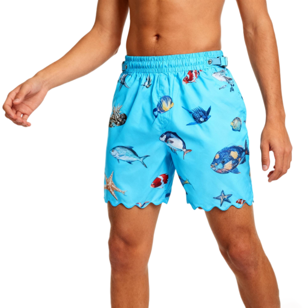 Turquoise Fish-Print Scalloped Swim Shorts
