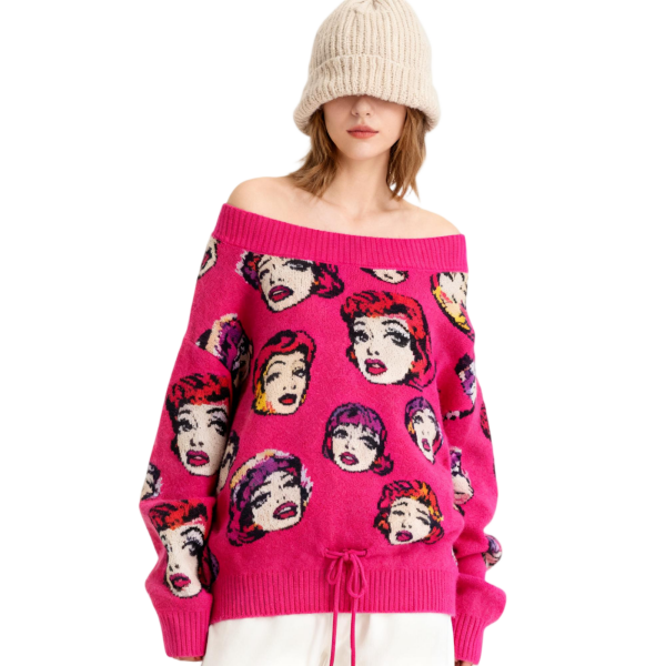 Hot Pink Retro Portrait-Print Off-Shoulder Sweater